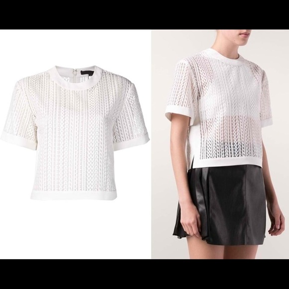 Alexander Wang White Sheer Name Logo Guipure Lace Embroidery Cropped Blouse - Picture 12 of 12
